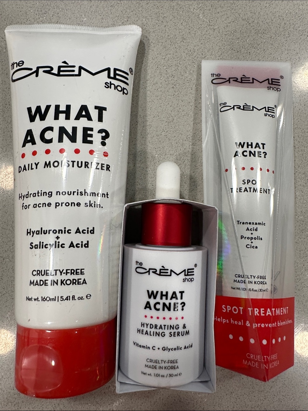 The Crème Shop What Acne 3pc Set (Moisturizer, Serum, Spot Treatment) Korean NEW